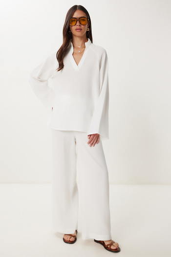 Happiness İstanbul Women's Ecru Muslin Blouse Trousers Set Fn03470