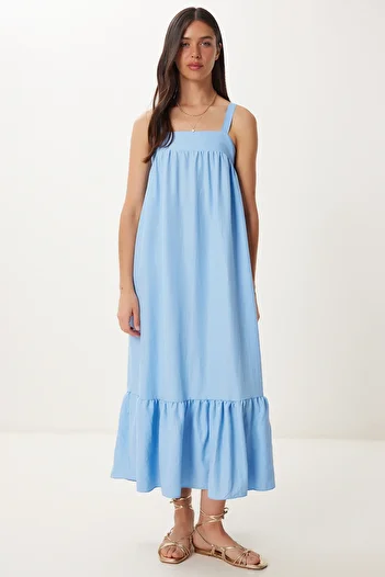 Happiness İstanbul Rochie de vară cu volan cu bretele albastre pentru femei BV00154