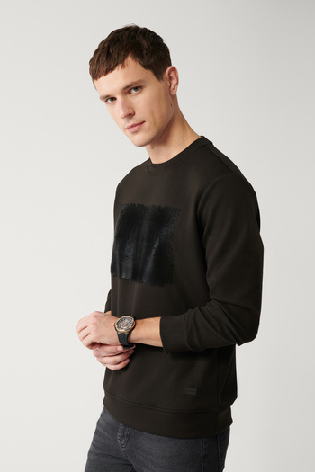 Avva Schwarzes Herren-Sweatshirt mit Rundhalsausschnitt und Interlock-Stoff, bedruckt, A32y1373