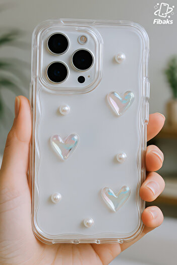 Fibaks Case for Apple iPhone 12 Pro Max 3D Heart Pearl Design Patterned Camera Protection Transparent Silicone Cover