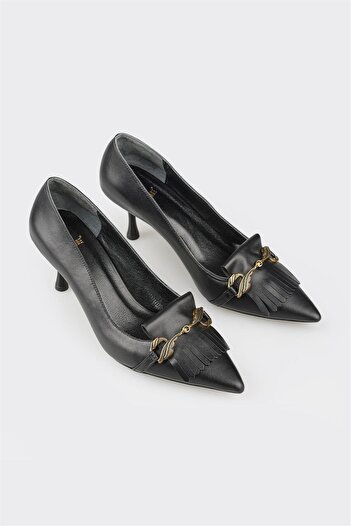 Elle Shoes Black Leather Women's Heeled Shoes