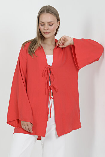 PASTELASTORE Red Natural Viscose Fabric Pocketed Lace-Up Women's Kimono 1167 – Lightweight, Flowy, Fluid