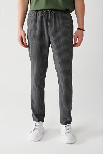 Avva Men's Anthracite Elastic Waist Lace up Striped Stretchy Jogger Pants A31Y3023