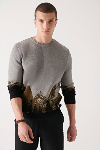 Avva Men's Khaki Crew Neck Patterned 100% Cotton Knitwear Sweater A22Y5064