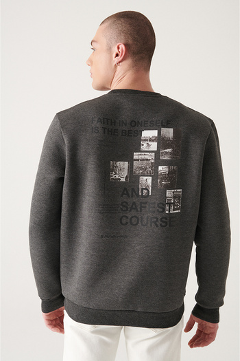 Avva Men's Anthracite Crew Neck 3 Thread Ribbed Printed Sweatshirt A22Y1105