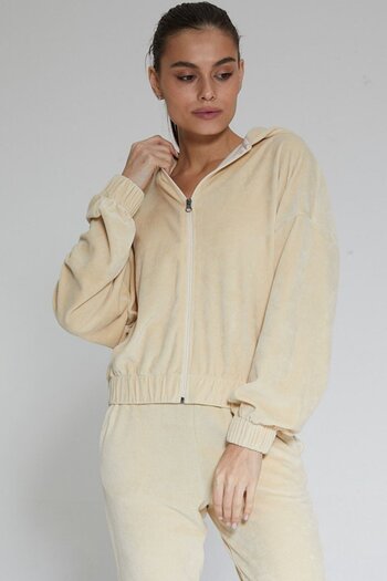Chandraswear Beige Women's Zippered Velvet Cardigan - Vela