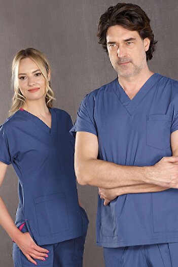 ÇİZGİ MEDİKAL Dr Greys Terikoton Petrol Blue Doctor Nurse Jersey Costum de chirurgie medicală țesătură subțire (SUB-TOP)