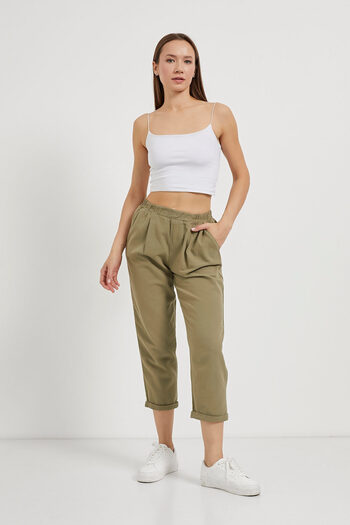 Arma Life Women's Elastic Waist Loose Linen Khaki Carrot Trousers