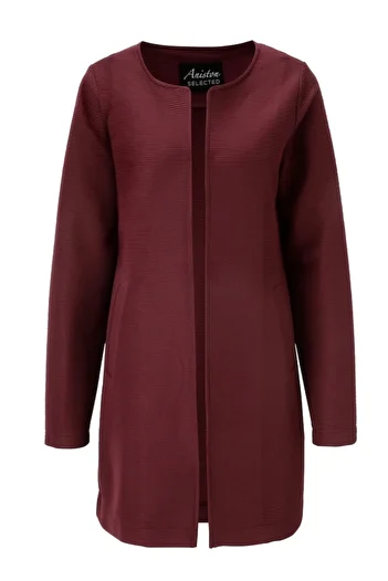 Şans Women's Plus Size Burgundy, Round Neck, Long Sleeve, Welt Pocket, Non-Covered Blazer Jacket 65N38998