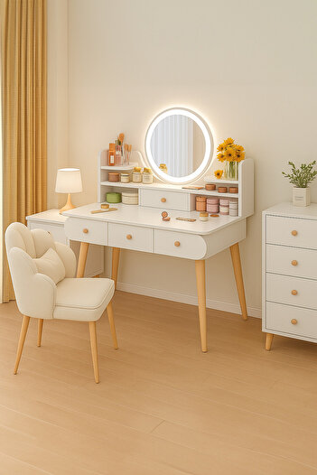 HEPSHOP 1.sınıf Kalite (%100 MDF) Aura Led Işıklı Ayna Ile Modern Makyaj Masası, Tuvalet Masası (MM-1001B)