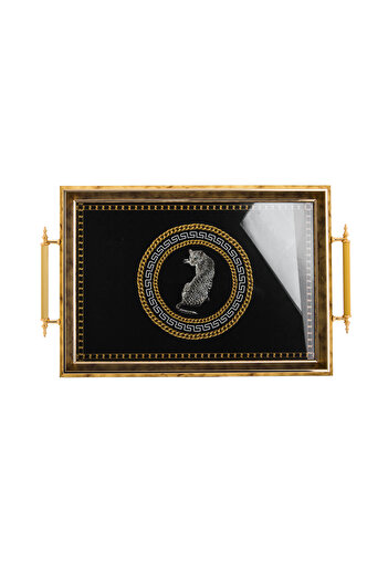 HIC Gold color wood serving tray with 3D design, golden metal hands