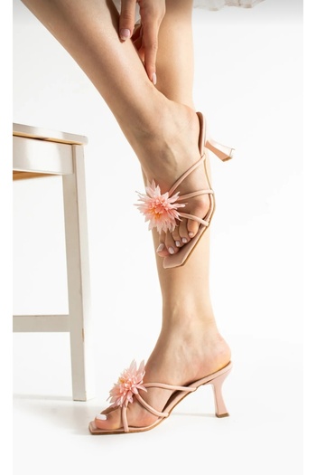 ecru shoes Papuci de damă cu flori, cu toc subțire alb (Star) (TACĂ 8 CM)