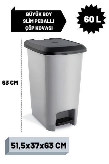 Mutfak Köşesi Vastbin 60L Pedal Gray Bathroom-Kitchen Trash Can with Black Lid Slim Design
