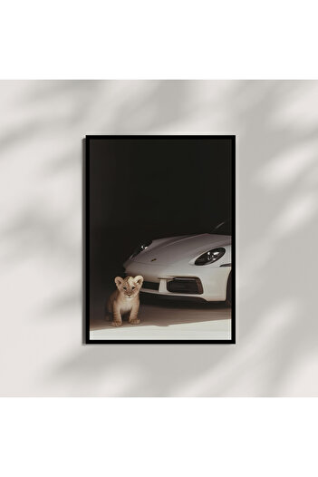 Arthopia Baby Lion And Porsche Poster Çerçeveli Sanatsal Tasarım Tablo