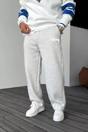THE RULE Pantaloni de sport gri sezonieri, cu 3 fire, cu 3 fire, cu picior drept, cu imprimeu Stüssy RF0510