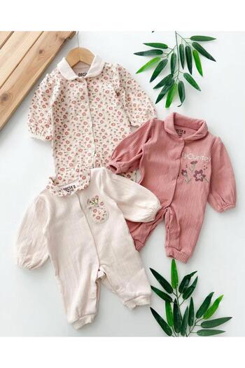 ALTINTAŞ BABY Altıntaş Baby - Floral Patterned, Seasonal 3-Piece Jumpsuit Set with Snap Fasteners