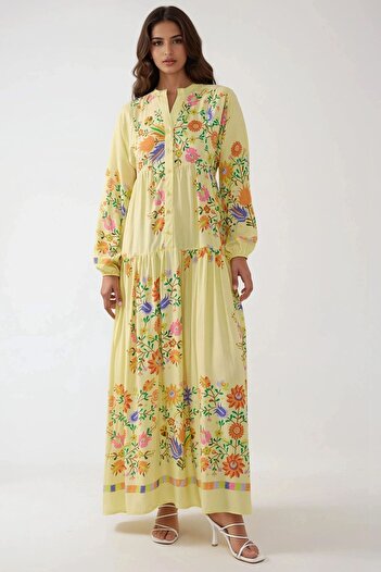 Hiccup Button Detailed Printed V-Neck Modest Dress