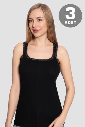 Arma Yıldız Women's Lace Strap Undershirt Black 3 Pack 100% Cotton Ribbed Stretchy