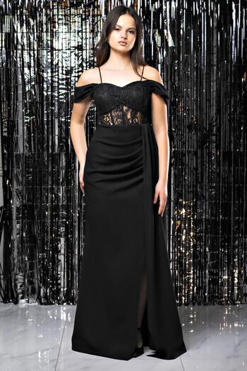 SUBU TASARIM Strappy Lace Detailed Evening Dress Black Tbs380