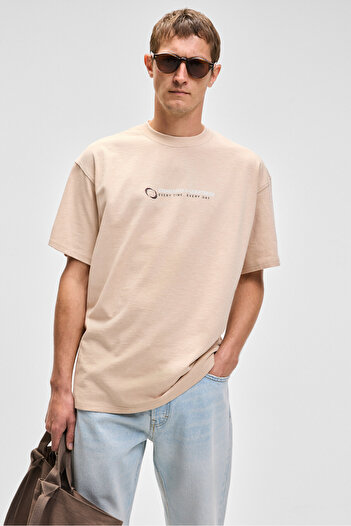 GRIMELANGE Manol Men's Crew Neck 100% Organic Cotton Oversize Fit Beige T-Shirt