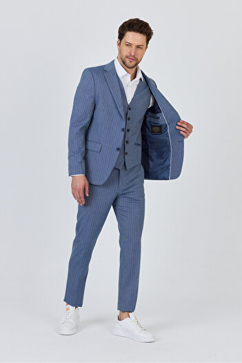 Frappoli Ateca Erkek Koyu Mavi İtalyan Çizgili Ceket+Pantolon+Yelekli Slim Fit Takim Elbise