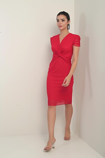 By Saygı Double Breasted Neckline Lining Elastic Sleeves Knot Detail Tulle Dress