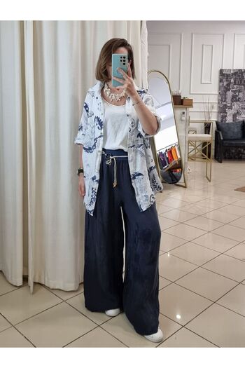 pudubutik Belted Wide Leg Linen Trousers Navy Blue