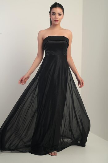 By Saygı Women's Glittery Long Tulle Dress with Sponge Lining on the Collar