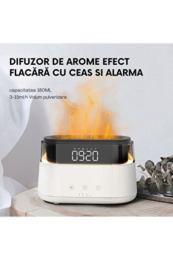 WELSMAR Difuzor Premium De Arome Cu Efect De Flacara Si Abur Aromatic, Ceas Modern Cu Functie De Alarma