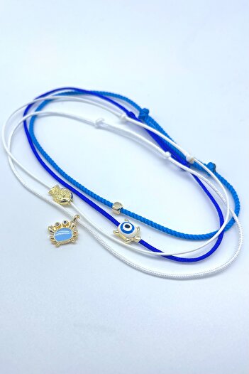 Concept HuBuTU 4 Pieces Minimal Turtle Crab Fish Evil Eye Lucky Figured White Midnight Blue Rope Summer Anklet Set