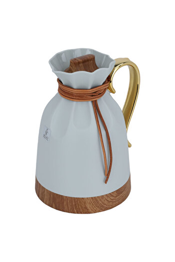 Alsaif Gallery Balqis Thermos, Light Gray With Golden Wooden Handle, 1 Liter
