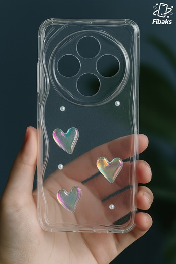 Fibaks Xiaomi Redmi 14C Case 3D Heart Pearl Design Patterned Camera Protection Transparent Silicone Cover