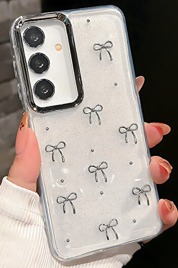 Fibaks Galaxy S20 Fe Compatible Case Bow Pattern Transparent Glitter Silver Camera Protruding Glossy Cover