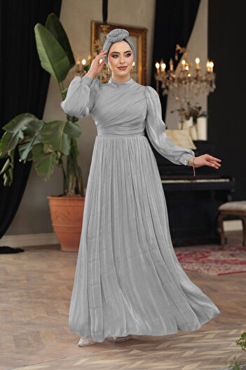 N.S NEVA STYLE Drape Detailed Gray Hijab Evening Dress 44081Gr