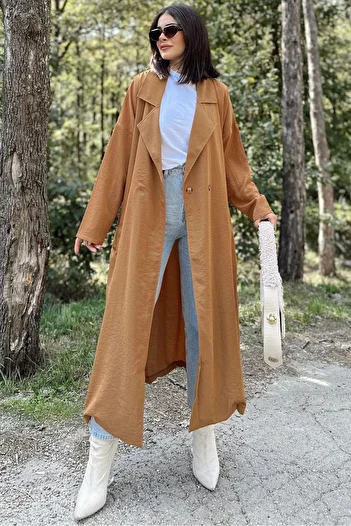 NEW LAVİVA Women's Tan Double Breasted Collar, Belt, Pocket, Loose Cut Long Trench Coat