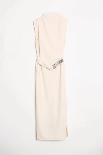 Robin Double Breasted Form Crepe Midi Dress with Stone Belt Detail