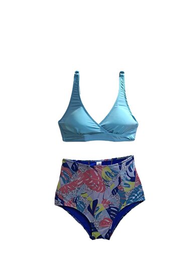 TooHot Kadın Buz Mavisi Yüksek Bel Askılı Üçgen Bikini Takımı