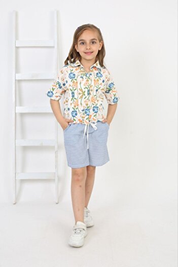 Yalçınoğlu Kids Girls Floral Print Shirt and Striped Shorts Set -Summer Girls Combination Poplin Shirt and Seersucker Shorts