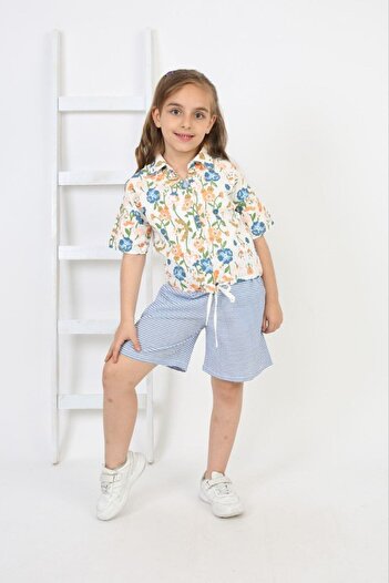 Yalçınoğlu Kids Girls Floral Print Shirt and Striped Shorts Set -Summer Girls Combination Poplin Shirt and Seersucker Shorts