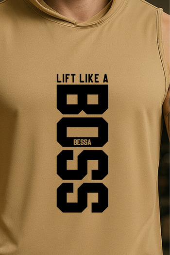 BESSA Men's Lift Like Printed Beige Oversize Crew Neck Cotton Hooded Sleeveless Sports Tank Top/Tshirt