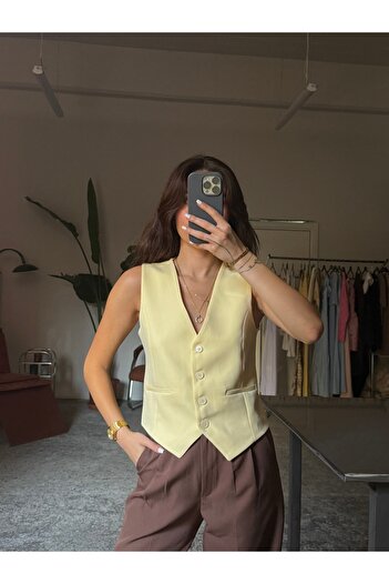 Gallogi Pastel Color Fitted Scuba V-Neck Buttoned Vest