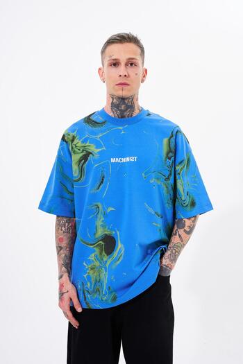 Machinist Tricou albastru oversize pentru bărbați - Nothing Last Printed