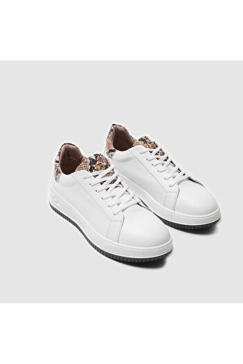 TOGO Beyaz Leopar Detaylı Hakiki Deri Kadın Sneaker Ayakkabı [060027]
