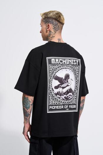 Machinist Men's Crane Patch Printed Oversize Black T-Shirt
