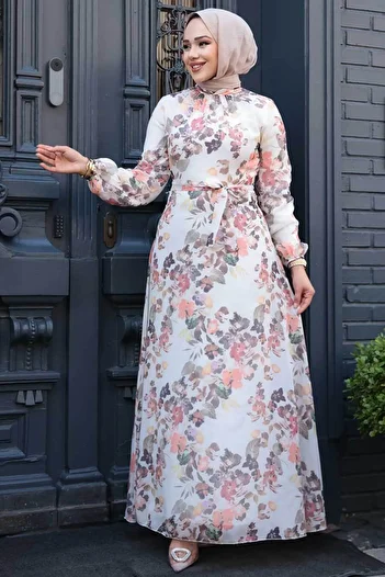 Neva Style Κρεμ Φόρεμα Hijab με Floral Pattern 279902KR