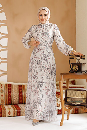 Neva Style Φόρεμα Hijab εκρού με λουλούδια 27972e