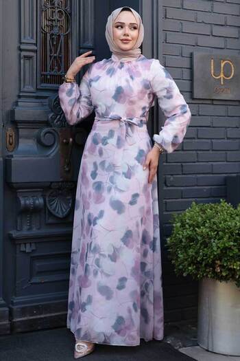 Neva Style Floral Patterned Powder Hijab Dress 279916 Pd