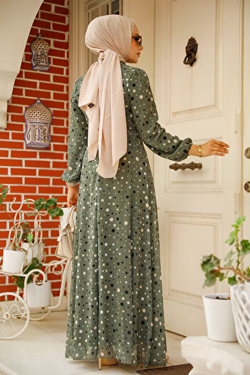 Neva Style Puantiye Desenli Haki Tesettür Elbise 279065hk