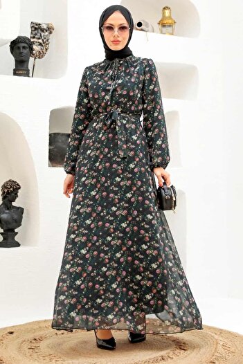 Neva Style Floral Patterned Black Hijab Dress 279041 S