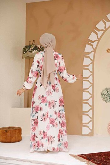 Neva Style Çiçek Desenli Beyaz Tesettür Elbise 27965B
